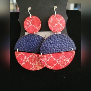 Chic Red and Blue Patterned Leather Dangled Earrings